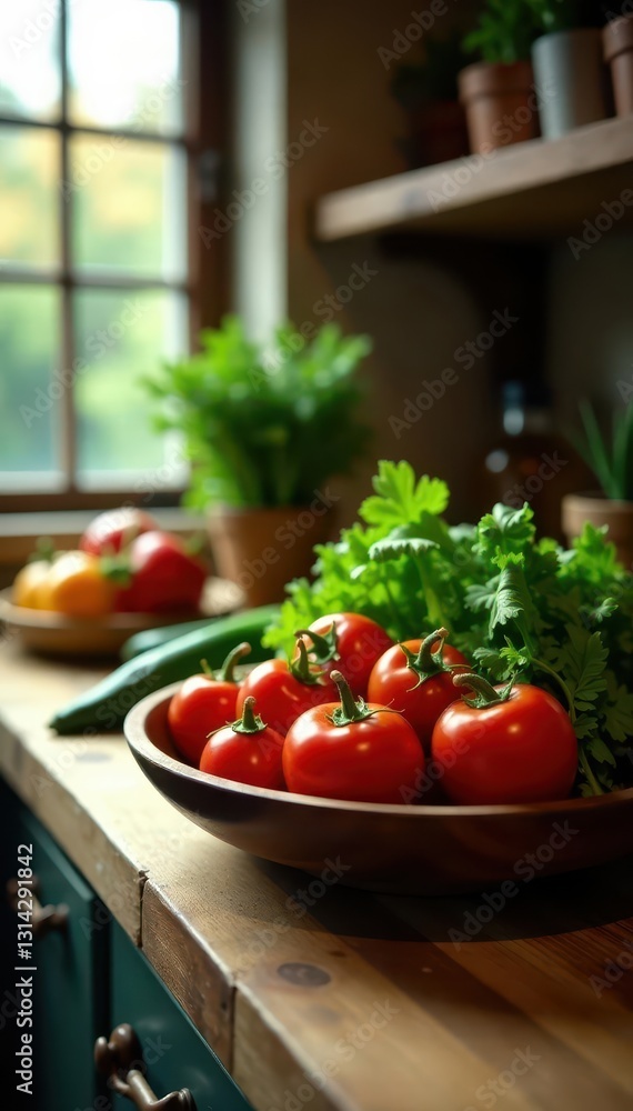 Rustic wood countertop, vibrant veggies gleam , healthy, peppers, carrots Rustic wood countertop, vibrant veggies gleam , healthy, peppers, carrots