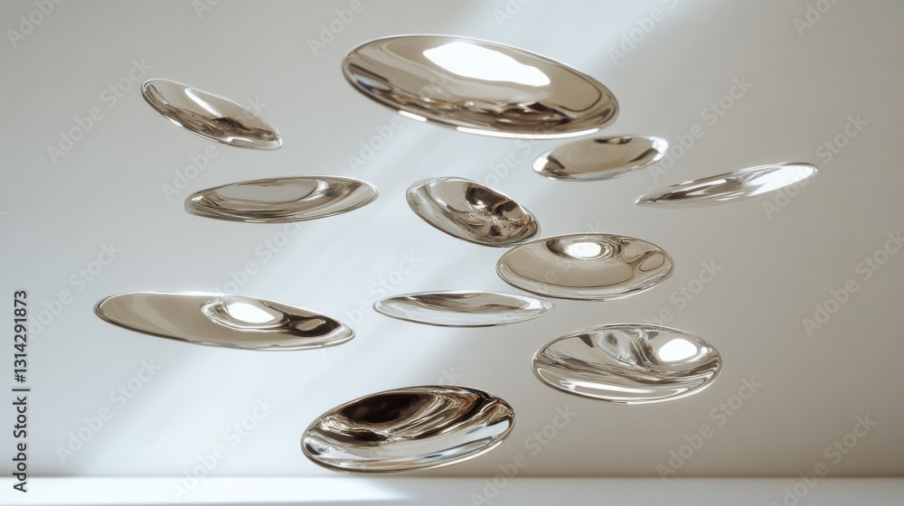 Suspended silver disks float midair, catching glimmers of light in a harmonious dance of abstract artistry against a neutral backdrop. Suspended silver disks float midair, catching glimmers of light in a harmonious dance of abstract artistry against a neutral backdrop.