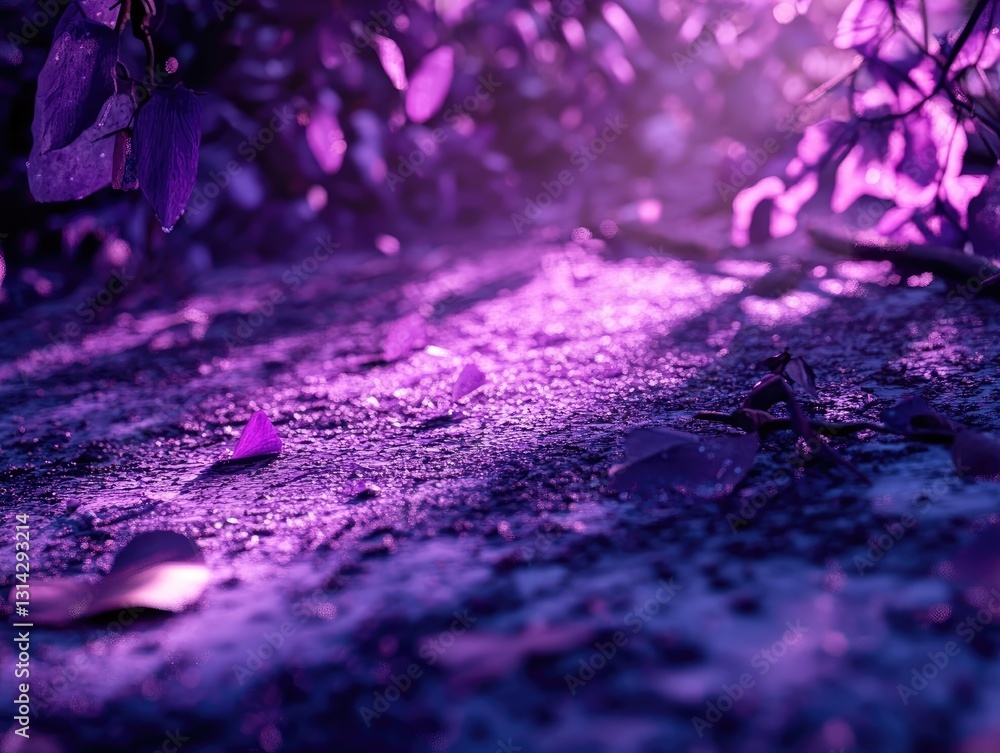 Mystical violet trail dappled with light, scattered leaves and enchanting flora Mystical violet trail dappled with light, scattered leaves and enchanting flora