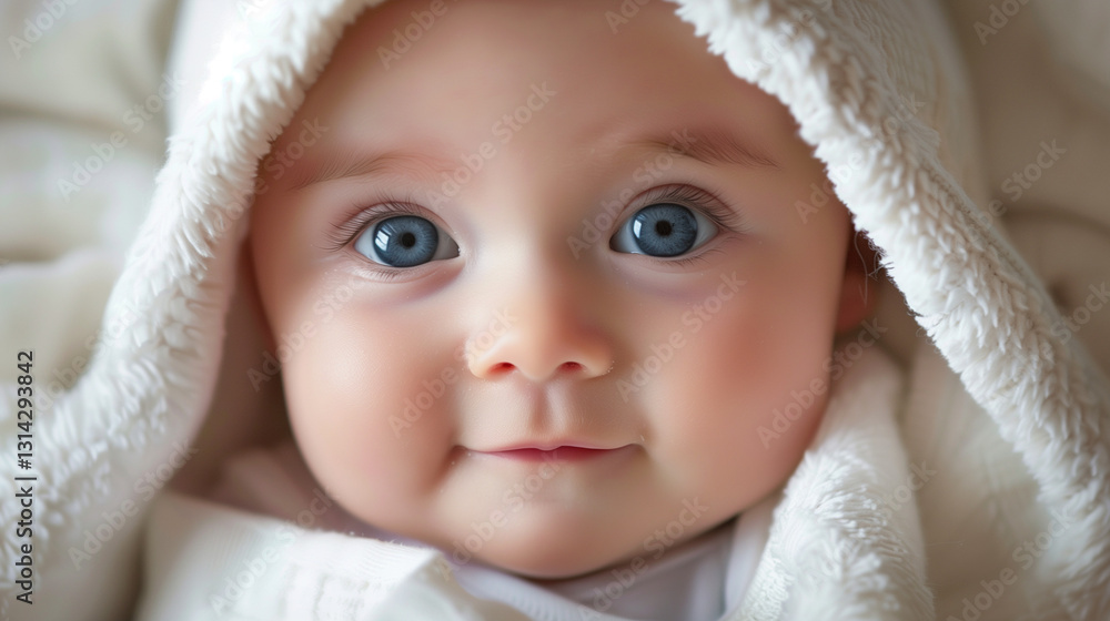 Close-up of baby with blue eyes under white hood. Close-up of baby with blue eyes under white hood.