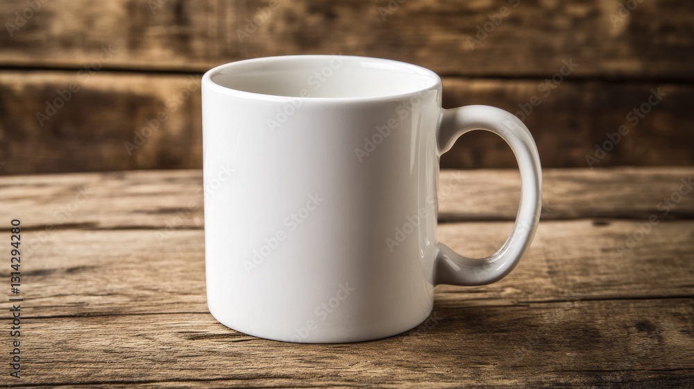 A plain white mug sits on a rustic wooden table, casting a shadow in warm, cozy light. A plain white mug sits on a rustic wooden table, casting a shadow in warm, cozy light.