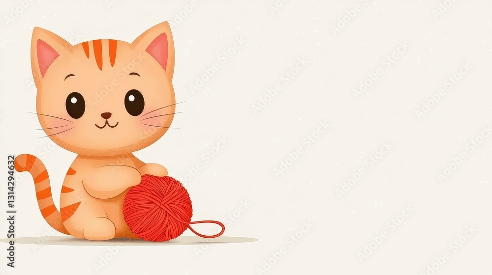 Cute Cartoon Cat Playing with a Red Ball of Yarn in a Minimalistic Design with Soft Pastel Background Cute Cartoon Cat Playing with a Red Ball of Yarn in a Minimalistic Design with Soft Pastel Background