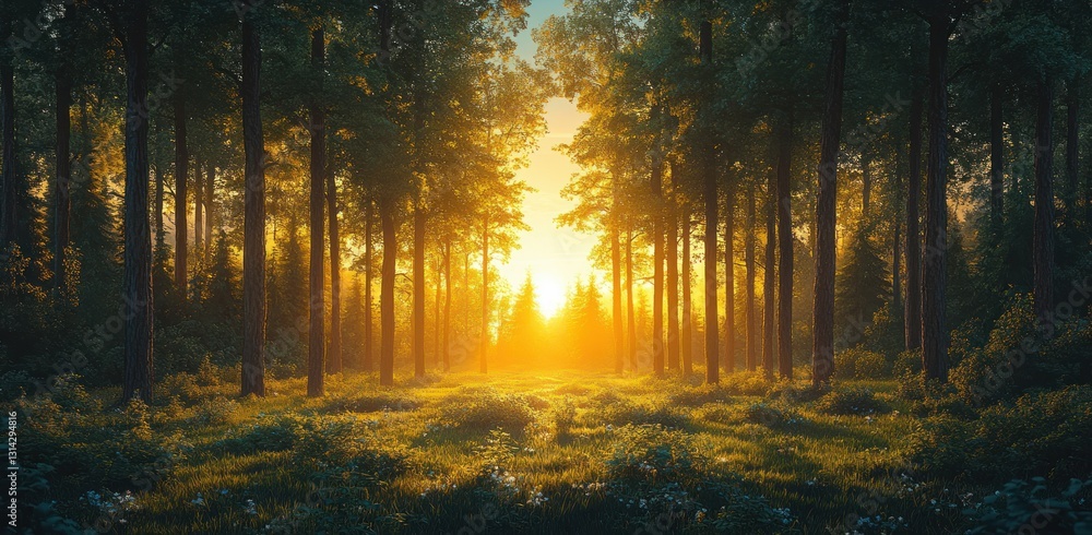 Spring Forest Landscape with Golden Sunlight Streaming Through Trees Spring Forest Landscape with Golden Sunlight Streaming Through Trees