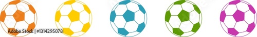 Icons of several European football or soccer balls in different colours: orange, yellow, green, blue and pink