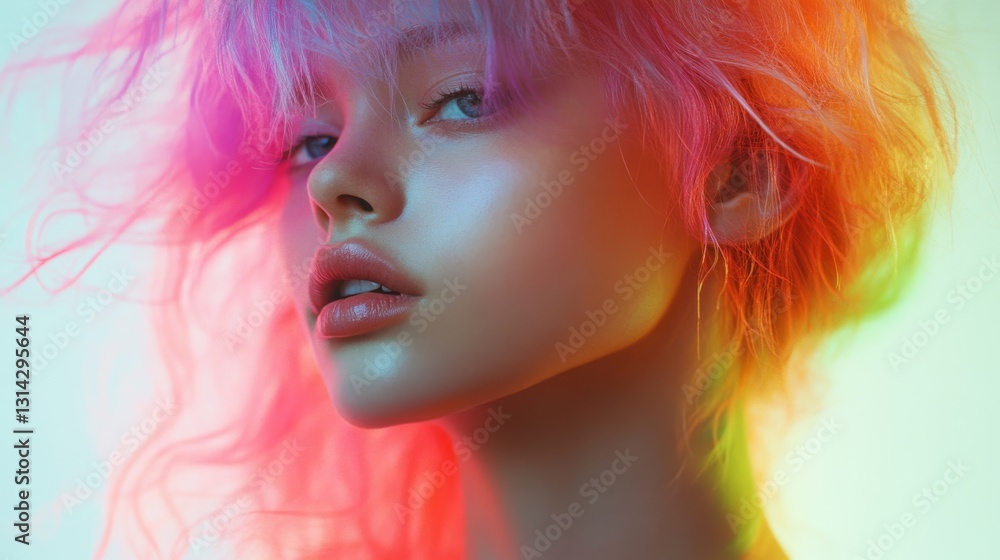 A striking portrait featuring vivid pink and orange hues enveloping a person, creating an aura of vibrant, futuristic beauty. A striking portrait featuring vivid pink and orange hues enveloping a person, creating an aura of vibrant, futuristic beauty.