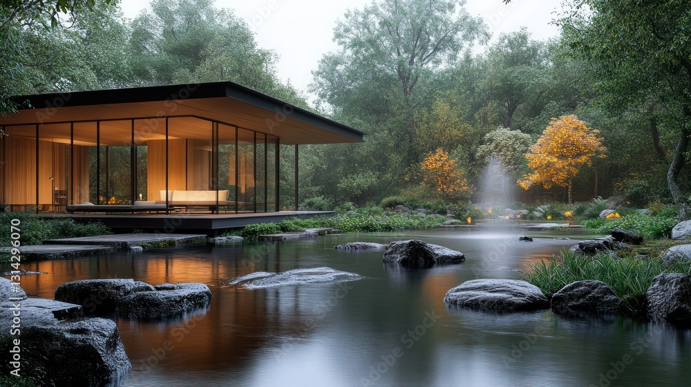 Modern Zen Pavilion by a Pond in a Forest Modern Zen Pavilion by a Pond in a Forest