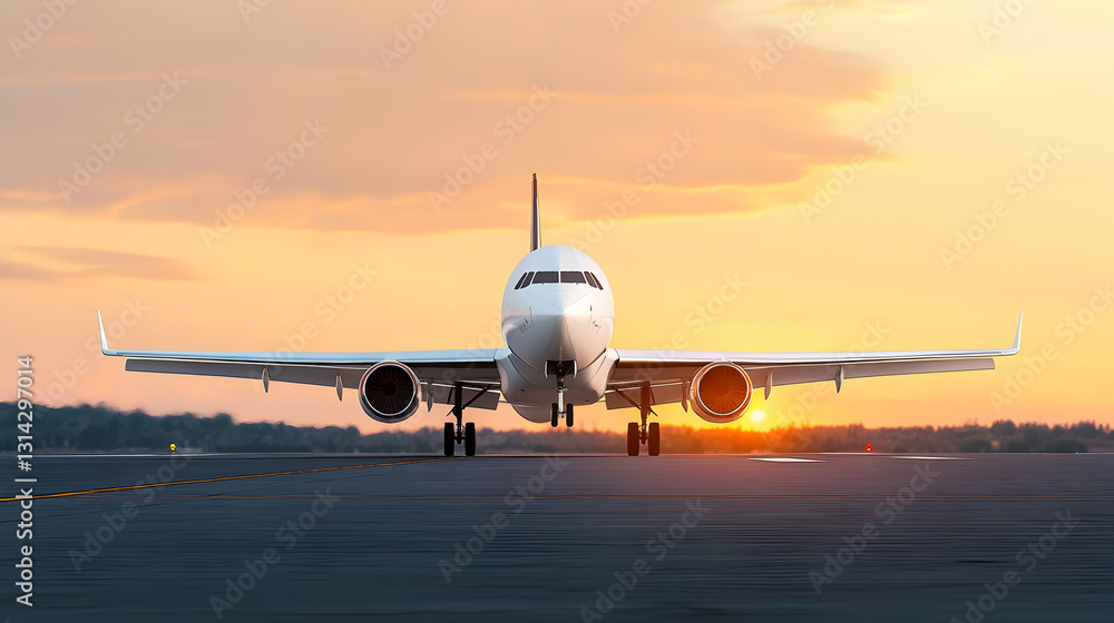 White Passenger Airplane Taxiing on Runway During Golden Hour Sunset at Airport White Passenger Airplane Taxiing on Runway During Golden Hour Sunset at Airport