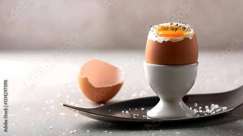 A Culinary Delight: A perfectly cooked soft-boiled egg, presented in an elegant egg cup on a decorative tray sprinkled with salt