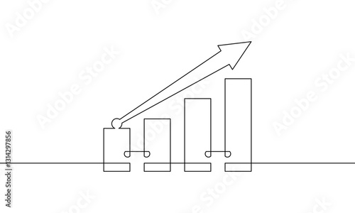Continuous line drawing of business growth icon. Simple one line art of arrow up, graph, and object symbol