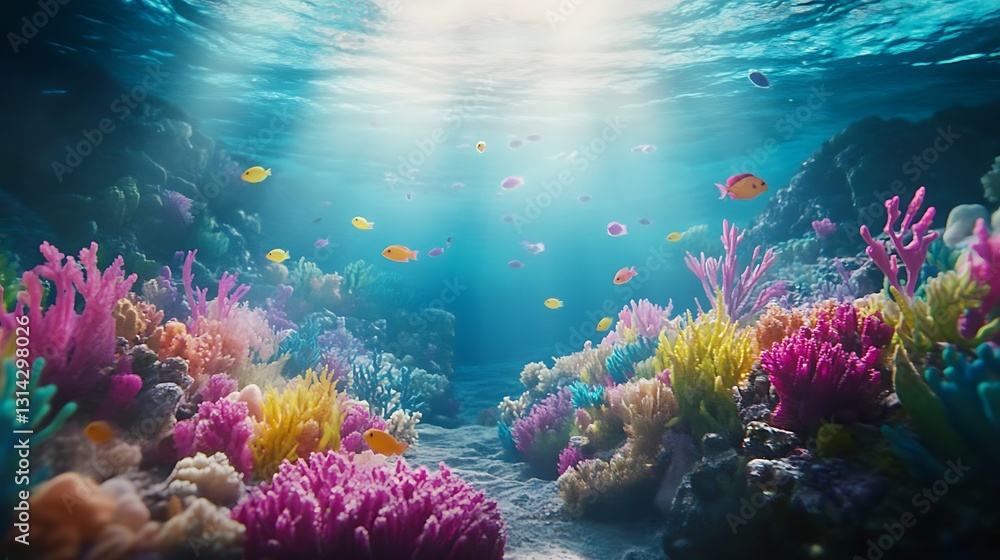 Fototapeta premium Vibrant coral reef teeming with colorful fish illuminated by sunlight penetrating the ocean surface.