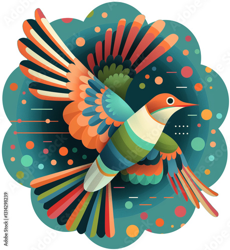 a colorful and stylized illustration of a bird, with vibrant red, blue, and green feathers against a dark, dotted background. The bird is in flight, with its wings spread wide,