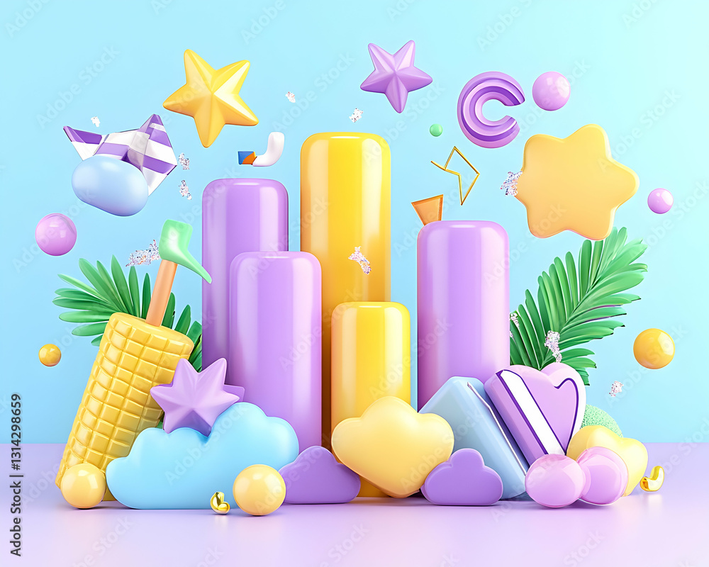 Pastel shapes and platforms against a soft blue backdrop Pastel shapes and platforms against a soft blue backdrop