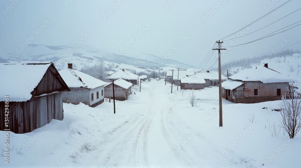 A serene snowy village with rustic houses, enveloped in a peaceful winter ambiance, as distant hills fade into the misty sky. A serene snowy village with rustic houses, enveloped in a peaceful winter ambiance, as distant hills fade into the misty sky.
