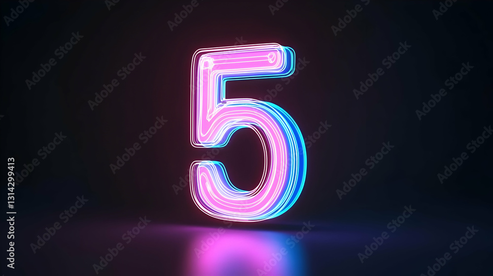 A 3D Rendered Vibrant Pink and Blue Neon Number Five on a Dark Reflective Surface with Glowing Light Effect A 3D Rendered Vibrant Pink and Blue Neon Number Five on a Dark Reflective Surface with Glowing Light Effect