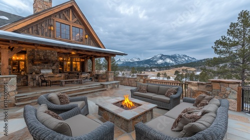 Mountain Cabin Patio with Fire Pit at Dusk