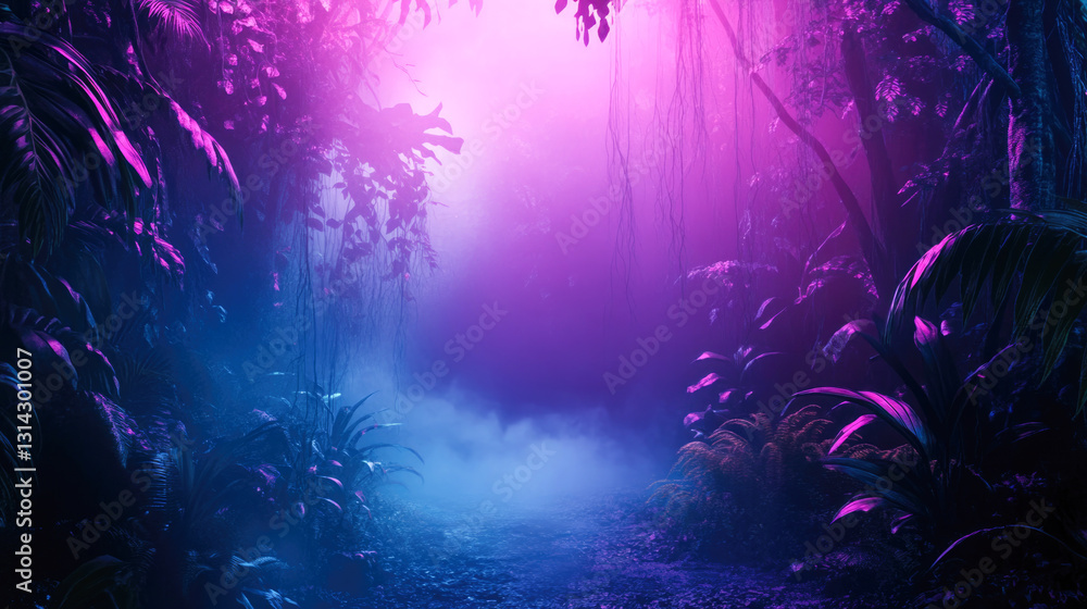 Enchanted neon jungle with mysterious purple and blue misty atmosphere Enchanted neon jungle with mysterious purple and blue misty atmosphere