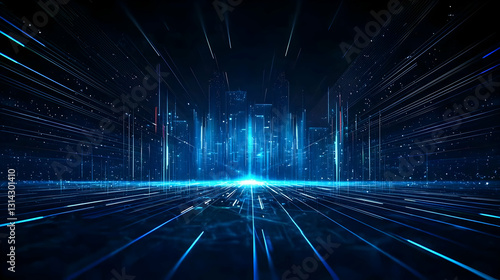 Futuristic Blue Digital Cityscape With Data Streams and Glowing Lights In Dark Background