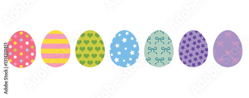Easter eggs with patterns. Drawing clipart set. Happy easter eggs. Multicolored symbols for traditional celebration. Vector illustration, oval shape. Clouds, dots, stars, stripes, bows. Decoration art