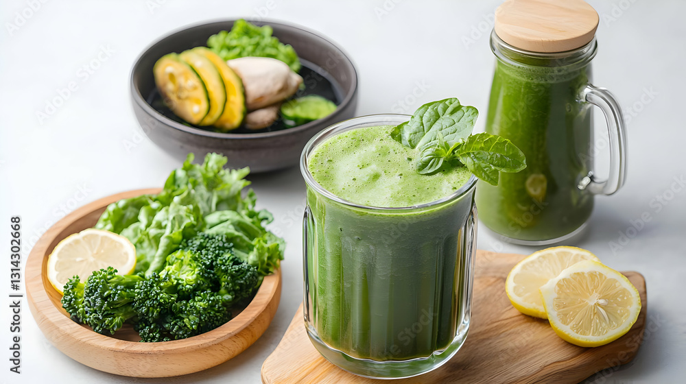 Refreshing Green Smoothie With Broccoli Kale Spinach Lemon And Cucumber On A Rustic Wooden Table Refreshing Green Smoothie With Broccoli Kale Spinach Lemon And Cucumber On A Rustic Wooden Table