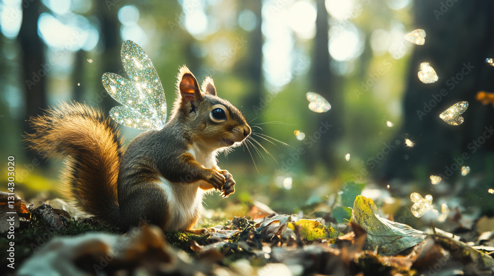 Enchanting squirrel with sparkling fairy wings in a forest setting Enchanting squirrel with sparkling fairy wings in a forest setting