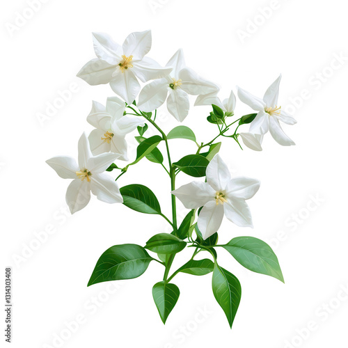 Star Jasmine in Bloom: Delicate star jasmine blossoms, radiant white petals against lush green foliage, showcase the beauty and intricacy of nature's floral art.