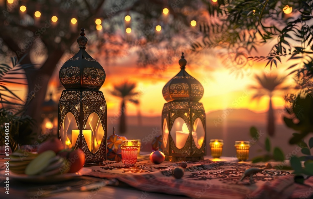 Fototapeta premium A stunning Ramadan background with illuminated lanterns, golden candlelight, and an outdoor table overlooking a city skyline at sunset