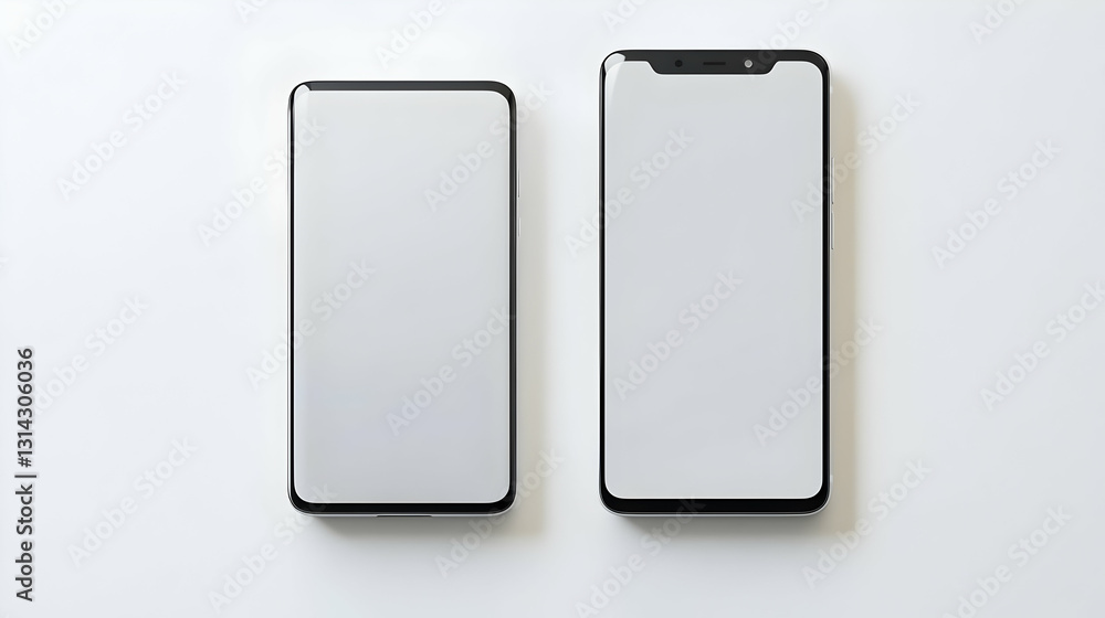 Two Smartphones With Blank White Screens On A White Background With Different Sizes Showing Matte And Glossy Finishes Two Smartphones With Blank White Screens On A White Background With Different Sizes Showing Matte And Glossy Finishes