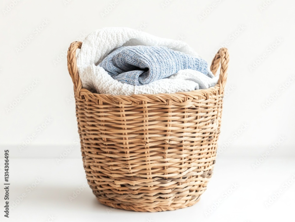 Obraz premium Wicker laundry basket filled with folded clothes