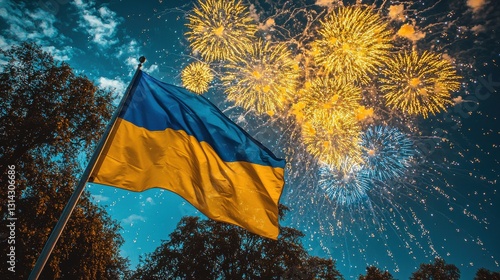 A Ukrainian flag is flying high as fireworks illuminate the night sky in celebration.