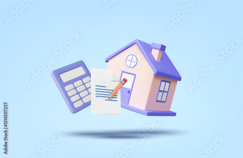 3D illustration vector render of calculator icon, contract document, pen and house. Mortgage calculation concept or home loan contract, installment payment and real estate financial agreement.