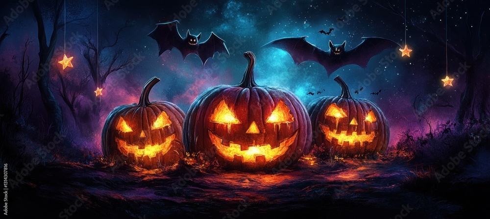 Halloween Themed Glowing Pumpkins Fantasy Celebration Illustration with Bats and Purple Background Halloween Themed Glowing Pumpkins Fantasy Celebration Illustration with Bats and Purple Background