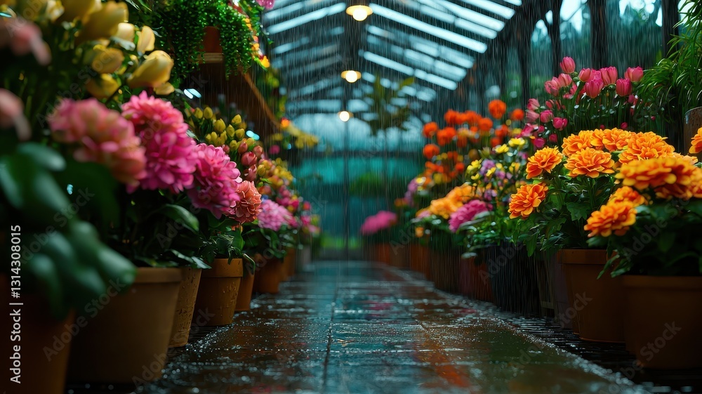 Fototapeta premium Colorful Flowers in Greenhouse During Rainy Day Blooming Hydrangeas Tulips Marigolds