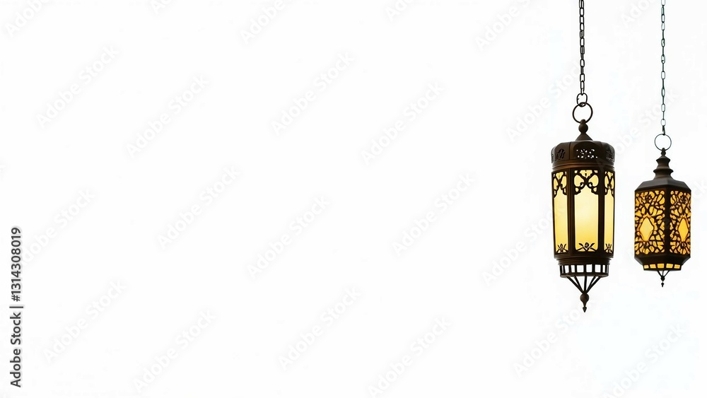 Ramadan crescent moon with lanterns isolated on white background technology Ramadan crescent moon with lanterns isolated on white background technology