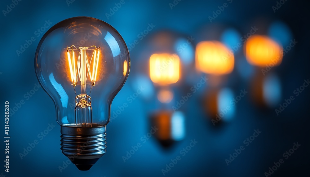 A collection of glowing light bulbs shining brightly against a blue background, symbolizing the endless potential of creative ideas and innovation A collection of glowing light bulbs shining brightly against a blue background, symbolizing the endless potential of creative ideas and innovation