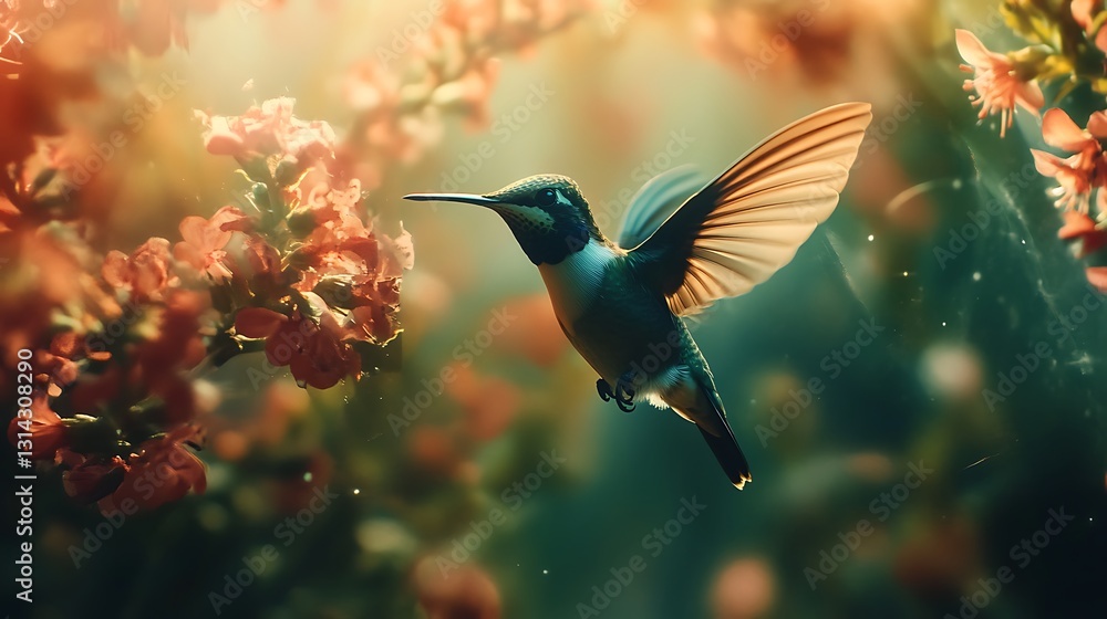 Fototapeta premium Hummingbird in flight, hovering near blooming flowers in a garden, sunlight shining through petals.