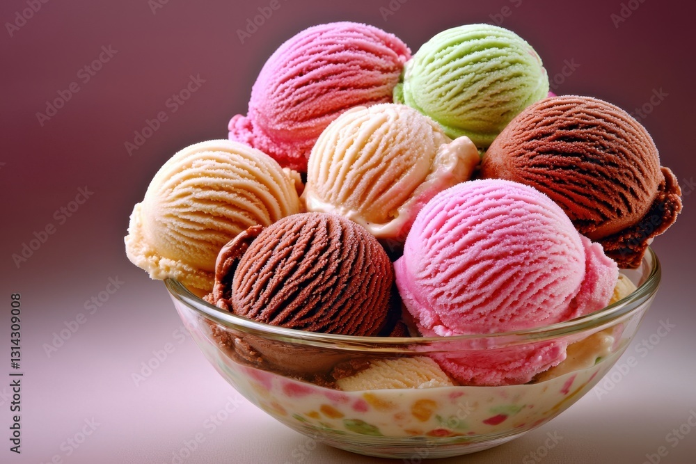 A vibrant bowl of assorted ice cream flavors, featuring pink, green, brown, and vanilla scoops, promising a sweet and refreshing treat on a warm day. A vibrant bowl of assorted ice cream flavors, featuring pink, green, brown, and vanilla scoops, promising a sweet and refreshing treat on a warm day.