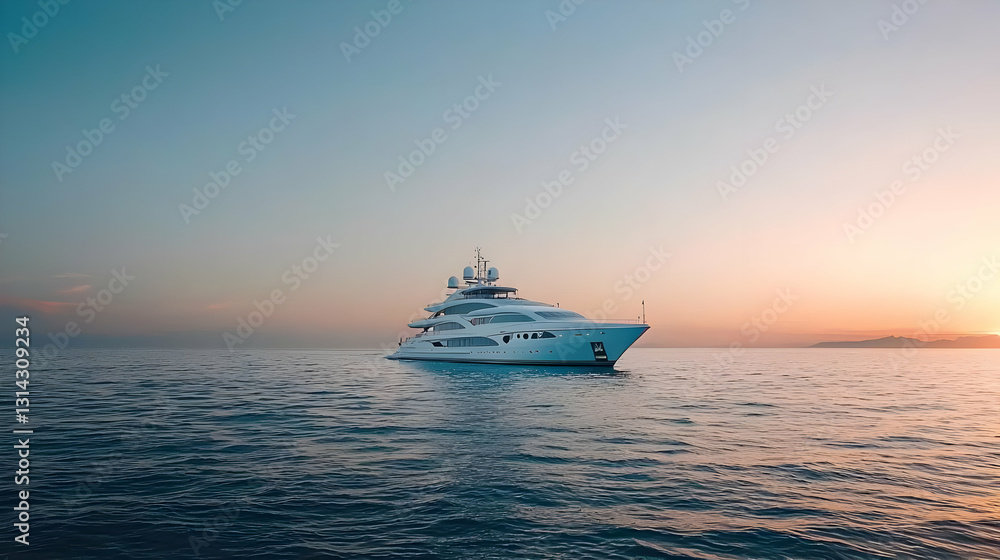 A White Luxury Yacht Sailing on Calm Blue Water During a Golden Sunset on the Ocean A White Luxury Yacht Sailing on Calm Blue Water During a Golden Sunset on the Ocean