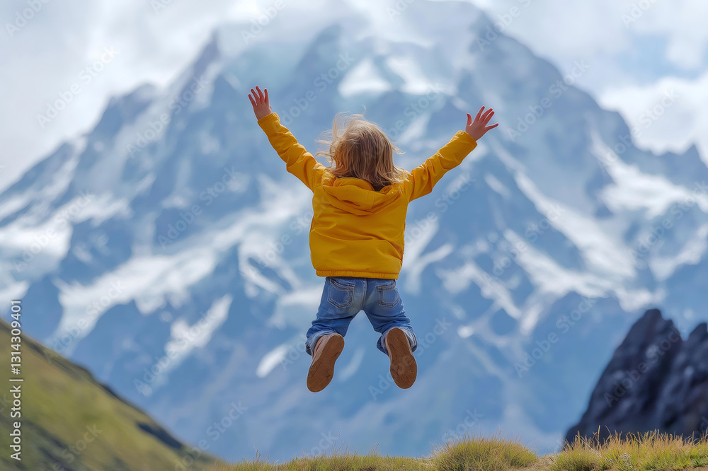 Child in a yellow jacket jumps with excitement against a backdrop of majestic snow capped mountains, embodying pure joy and adventure Child in a yellow jacket jumps with excitement against a backdrop of majestic snow capped mountains, embodying pure joy and adventure
