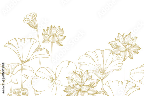 Lotus gold flowers and leaves seamless border. Vector illustration hand drawn and isolated on white background. Template for label and logo design