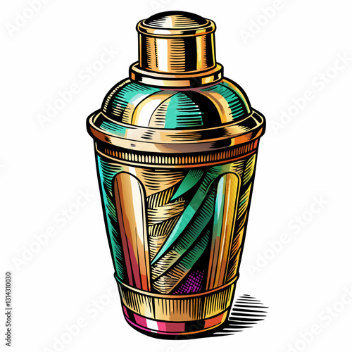 Colorful Retro Cocktail Shaker in Vintage Engraving Style