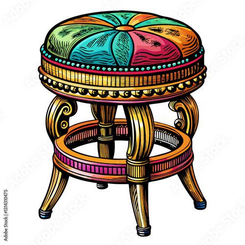 Colorful Vintage Stool with Ornate Patterned Cushion and Wood Carving