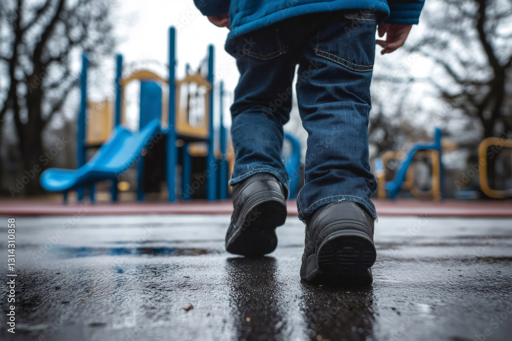 Low angle view of child walking away from a playground after the rain, wearing jeans and black shoes Low angle view of child walking away from a playground after the rain, wearing jeans and black shoes