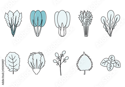 シンプルな手描き風、野菜のアイコン、ベクターイラスト素材セット（単色、ドット）