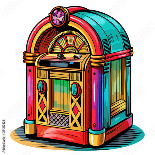 Retro Jukebox Illustration Vibrant Vintage Music Machine in Pop Art Style