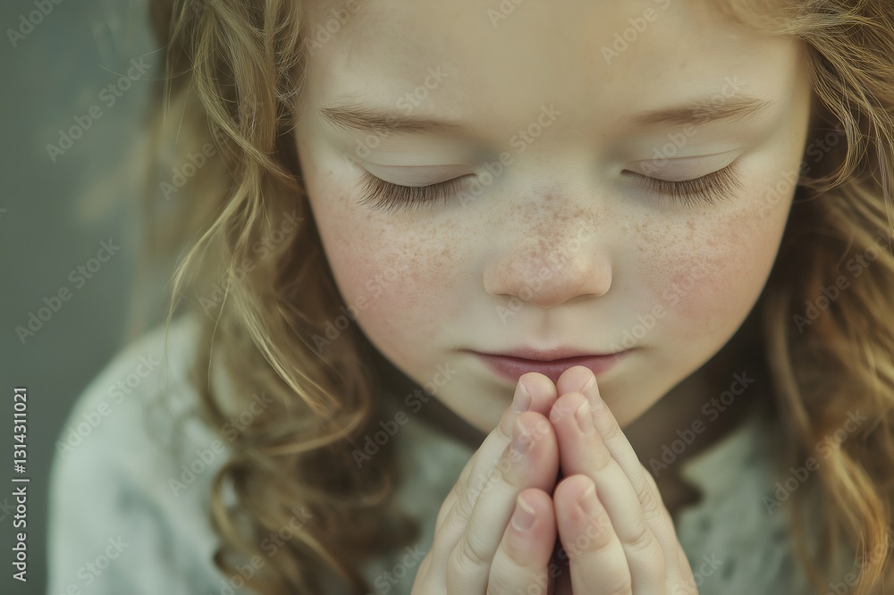 Young child with curly hair and freckles, eyes closed in prayer, hands clasped together, conveying peace and innocence in a serene moment Young child with curly hair and freckles, eyes closed in prayer, hands clasped together, conveying peace and innocence in a serene moment