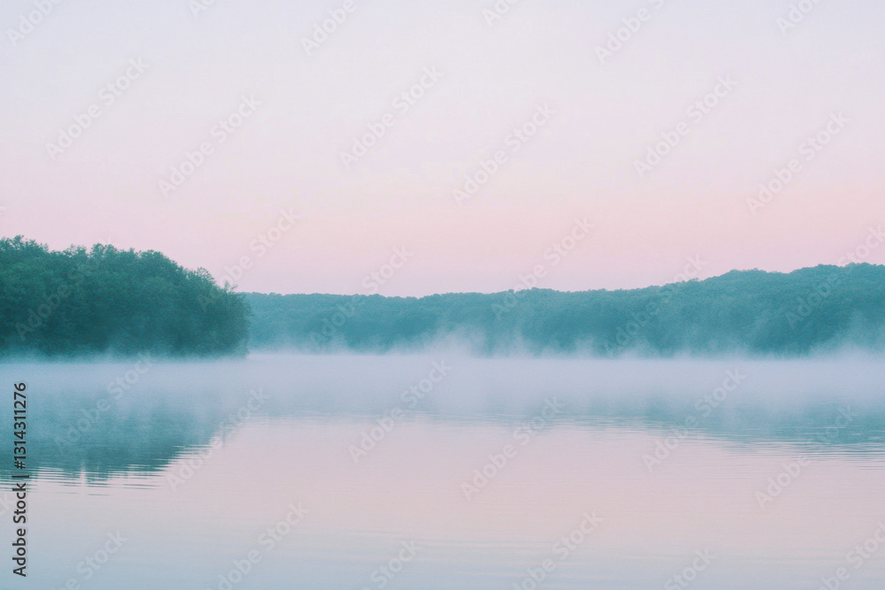 Fototapeta premium Serene lake at dawn with a gentle mist rising from the calm waters and lush green forests in the distance, under a pastel pink sky.