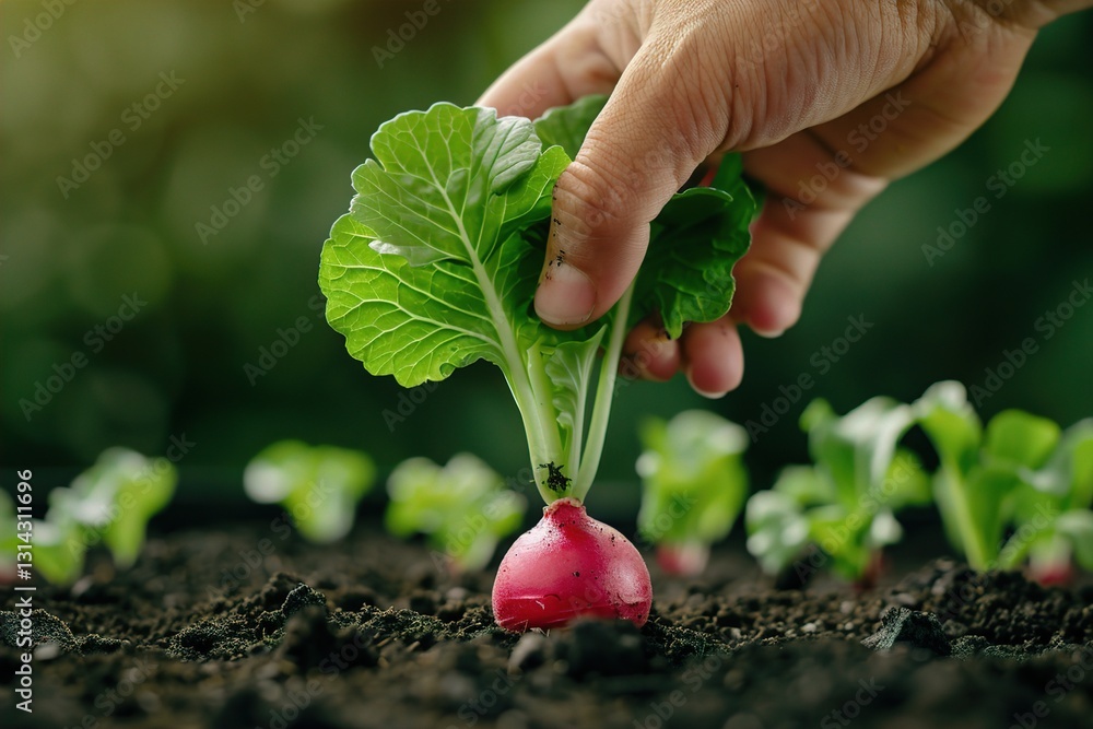 A hand of an Asian person gently pulling a ripe radish from dark, fertile soil, surrounded by young green plants. agricultural research, and organic farming methods A hand of an Asian person gently pulling a ripe radish from dark, fertile soil, surrounded by young green plants. agricultural research, and organic farming methods