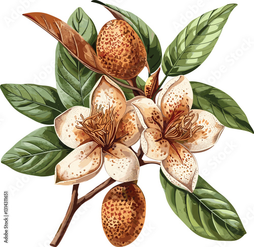 Sapodilla vector isolated on transparent background, vintage botanical illustration, fruit artwork, botanical print, old botanical drawing, vintage fruit vector design