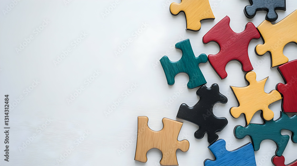Fototapeta premium Colorful Wooden Puzzle Pieces Scattered on White Background Problem Solving Concept