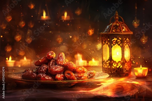 A visually rich Ramadan still life with Fard dates, elegant diya lamp lighting, and an Arabic lantern, symbolizing the spirituality of the holy month